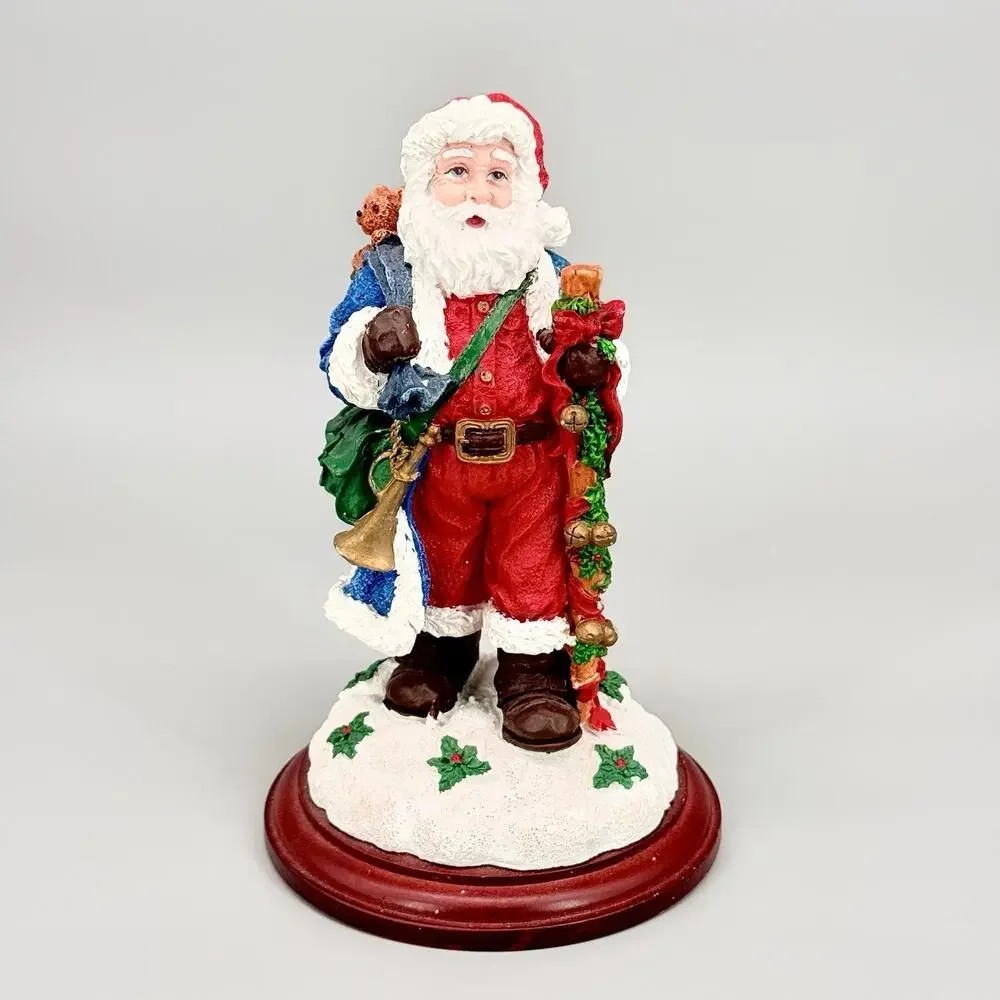 Holiday Christmas Figurine Santa Claus W/Toy Bag Resin on Wood Base 8.5